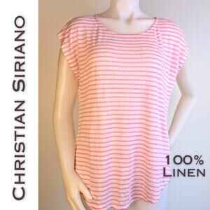 Christian Siriano Linen Top Medium Pink White Striped High Low Cap Sleeve NEW
